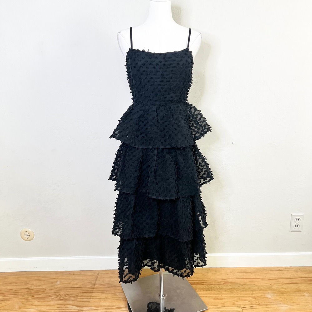 Lulus Dress Tiered Midi Size S Black Clip Dot Spaghetti Strap Cocktail Textured